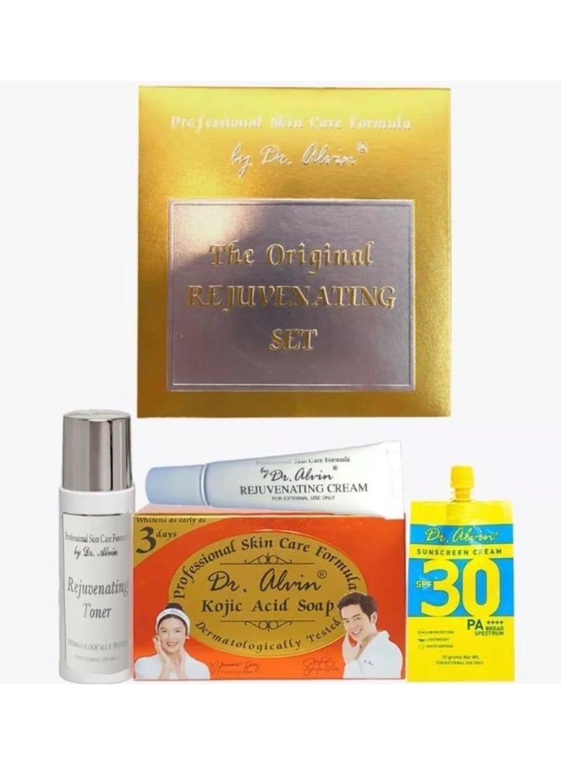 Dr. Alvin Original Rejuvenating Set with Kojic Acid Soap, Toner, Rejuvenating Cream and SPF 30 Sunscreen for Brighter, Smoother, Clearer and Younger Looking Skin - Image 1